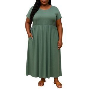 Nemidor Size XXL Maxi Dress Womens Green Short Sleeves Soft Fabric Pockets